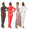 C6505 cross-border   fashion women's solid color mesh rhinestone long sleeve maxi dress