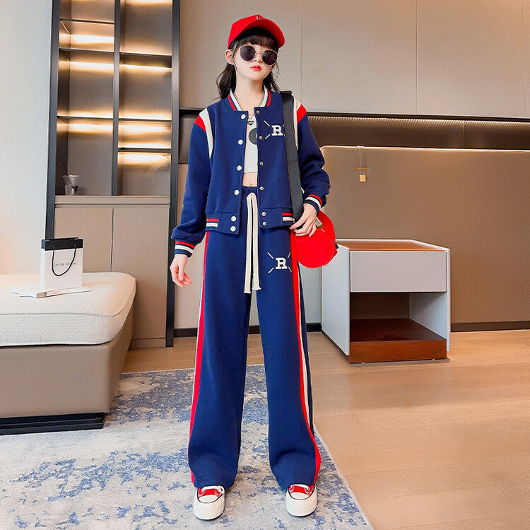 Girls' fall outfit set : stylish korean-inspired casual two-piece set for mid-to-large children - cardigan and sportswear