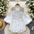Imperial style, heavily embellished, rhinestone-adorned lantern sleeve single-breasted blouse - women's  summer loose fit, versatile, casual, european and american top