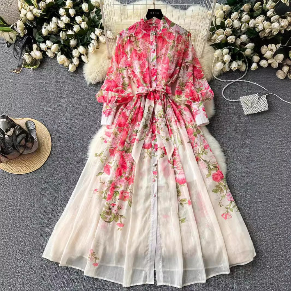 European and american print dress - women's stand collar long sleeve high-end cinched waist tie-up maxi dress - niche french chiffon fairy style