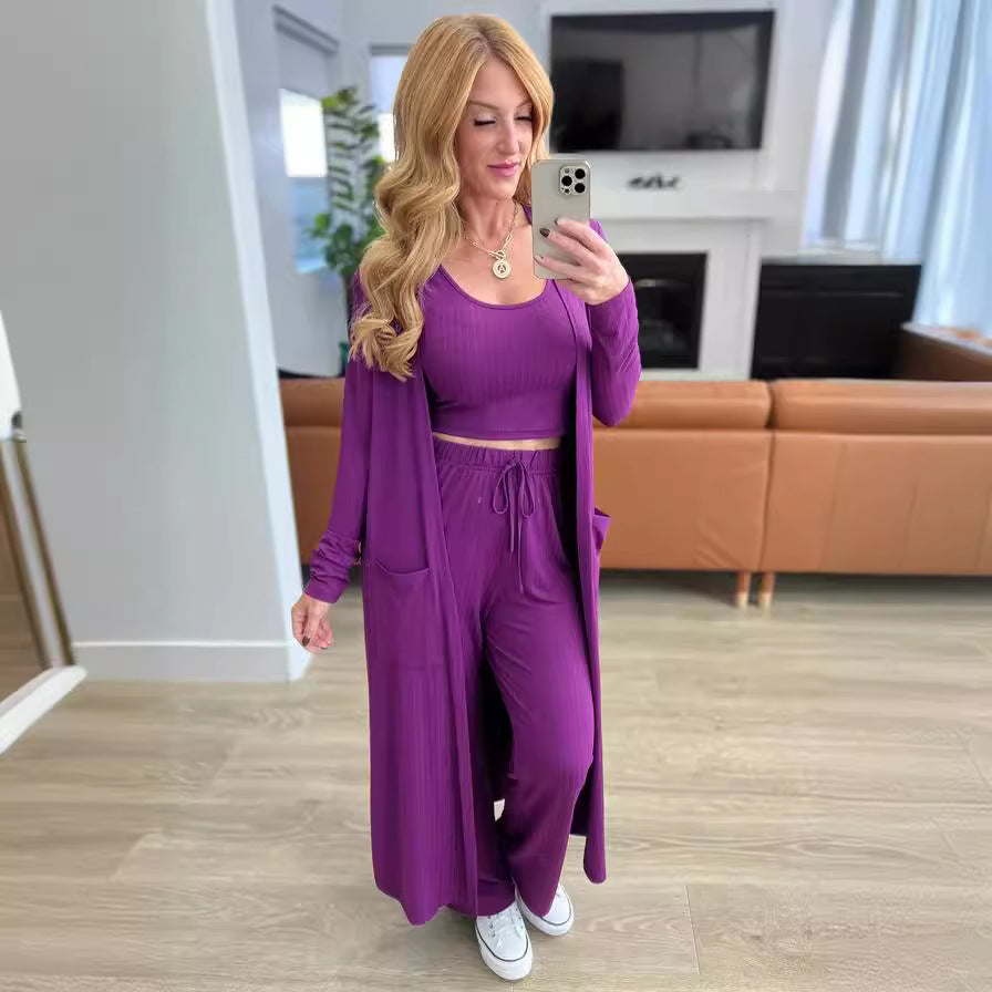 new cross-border fashion: women's long-sleeved tank top, longline jacket, and wide-leg tie-waist pants three-piece set for the us and european markets