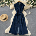 Korean style sleeveless denim dress for women,  summer design, tie-waist, slimming shirt dress, maxi length