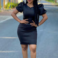 C8525  women's clothing  new bubble sleeve round neck solid color bodycon plus size slimming foreign trade dress