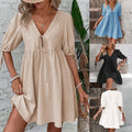 Amazon  european and american cross-border elegance loose woven deep v neck sense of design chest tie a swing dress