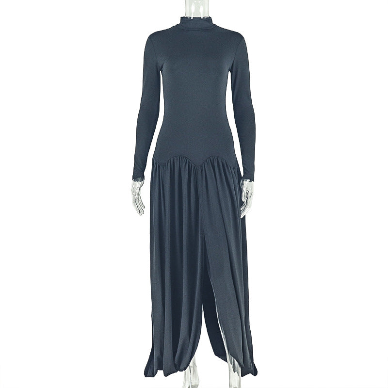 Fashion style cross-border elegant slit women's pure color pleated elegance hip skirt high collar silmlong sleevesdress trendy