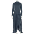 Fashion style cross-border elegant slit women's pure color pleated elegance hip skirt high collar silmlong sleevesdress trendy
