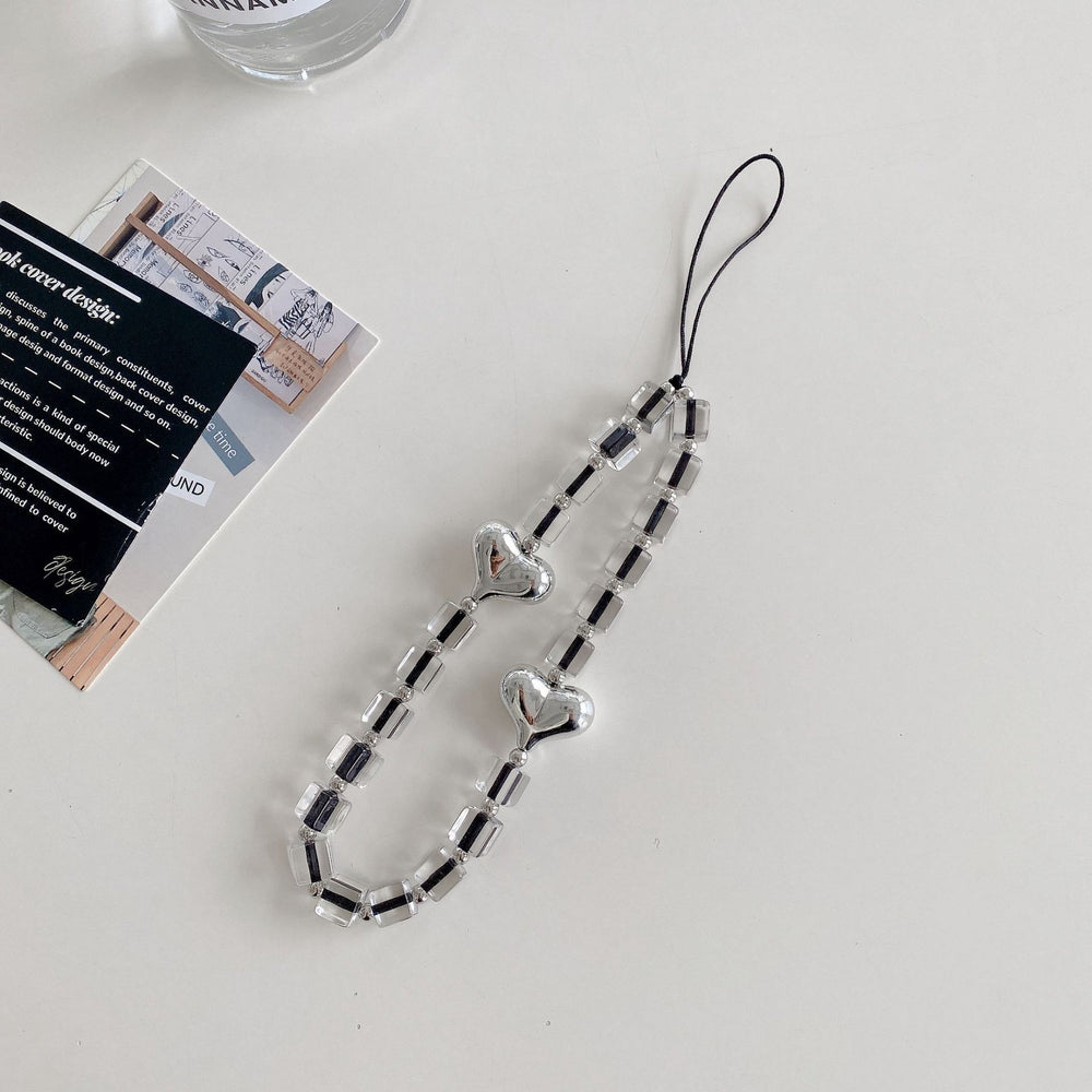 Minimalist crystal square electroplated heart bracelet with transparent star and bear charms, black and white bead phone case charm accessories