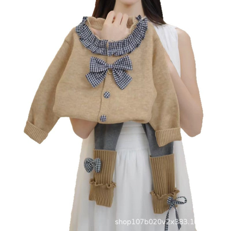 fall/winter new korean style ruffle trim round neck knitted cardigan women's designer bow sweater jacket