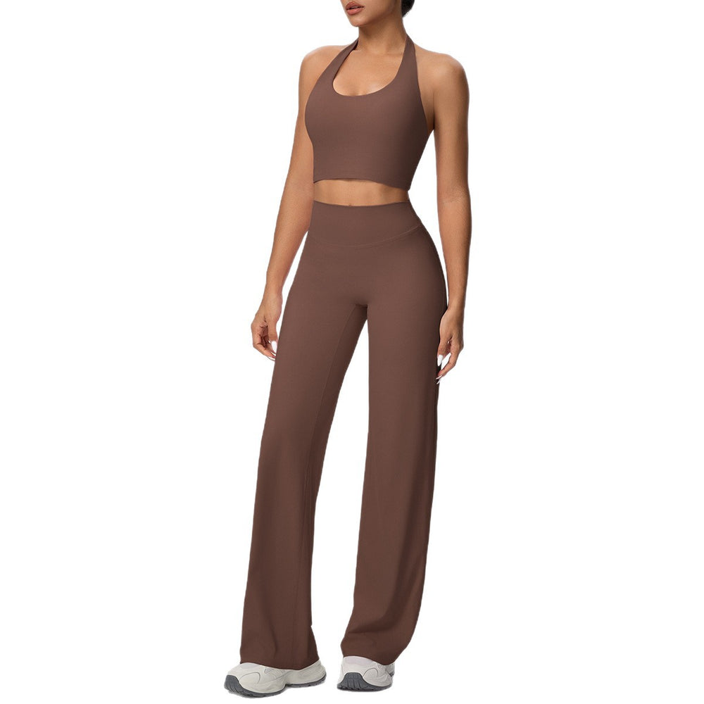 New arrival cross-border pure color double-sided brushed halter wide-leg pants yoga suit sports running fitness two-piece set for women