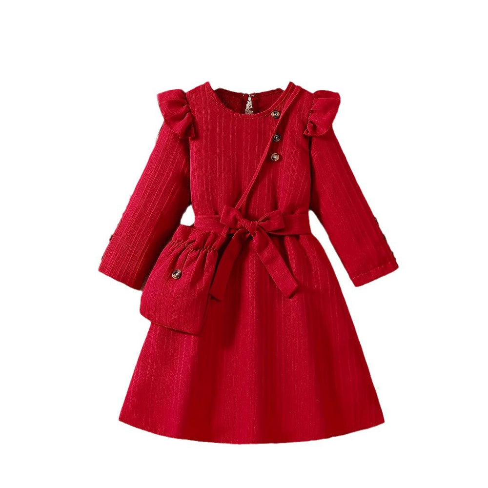 Girls' export dress - red bow belt, lace flutter sleeves, ribbed knit, long sleeve, long dress for outdoor wear