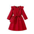 Girls' export dress - red bow belt, lace flutter sleeves, ribbed knit, long sleeve, long dress for outdoor wear
