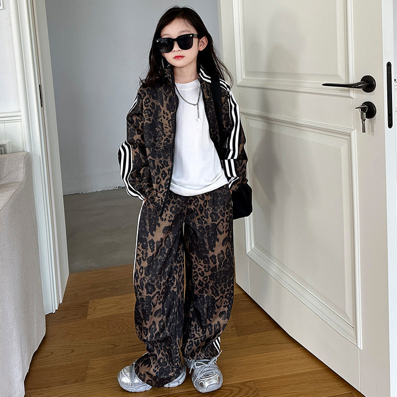 Girls'  new outfit set: trendy brand spring/autumn casual jacket and versatile printed sweatpants set for students