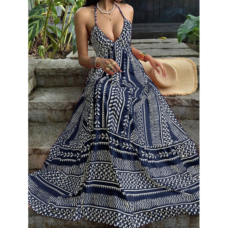 Amazon  summer new arrival: printed beach vacation style v-neck halter backless tie-up dress for women