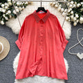 European fashionable tops for women design sense heavy industry inlaid diamond polo collar bat sleeve single breasted loosecasualshirt women