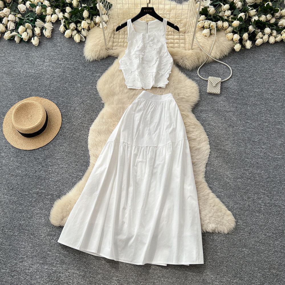 French sweet style blue vest high-waisted tiered skirt two-piece set - women's summer commute chic slimming elegant outfit