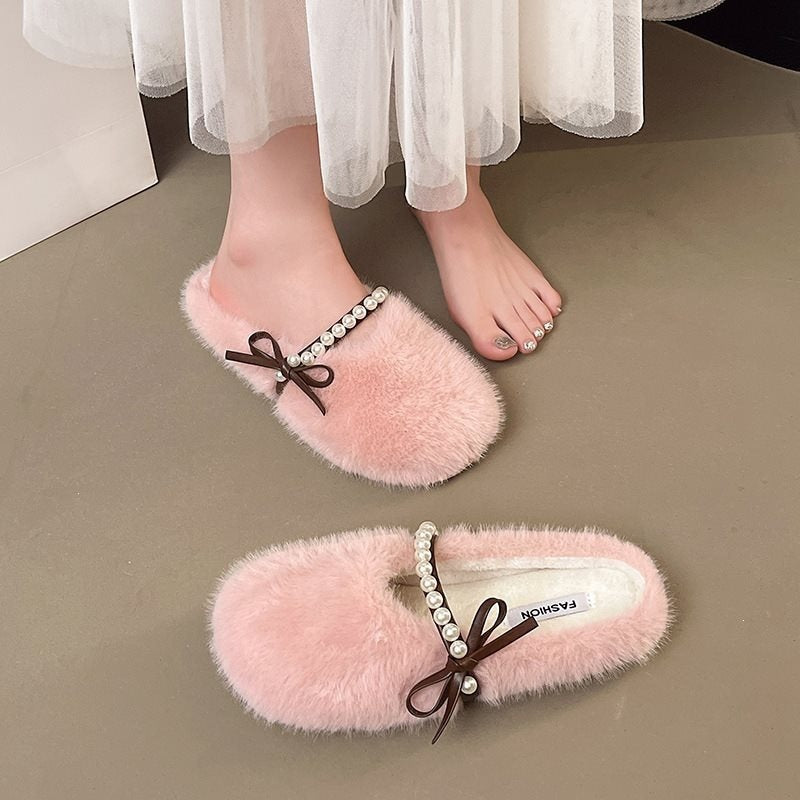 Plus size fairy style pearl half-sole flat slippers -  autumn korean style warm lazy bowknot fuzzy slippers