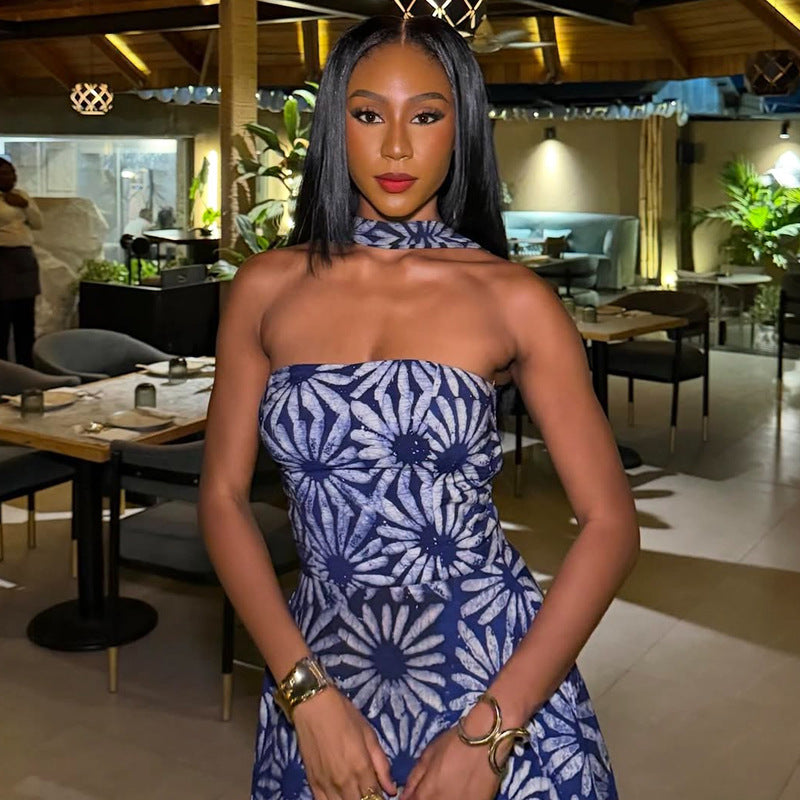 European and american style ins cross-border outdoor elegant women's tube top one-line collar slim a-line skirt printed casual long dress