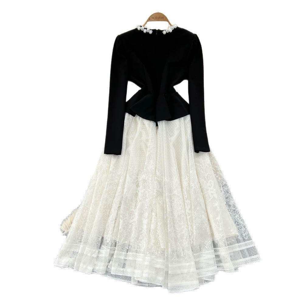 French hepburn style heavy beaded round neck long sleeve lace patchwork dress women's  autumn fitted waist evening gown