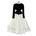 French hepburn style heavy beaded round neck long sleeve lace patchwork dress women's  autumn fitted waist evening gown