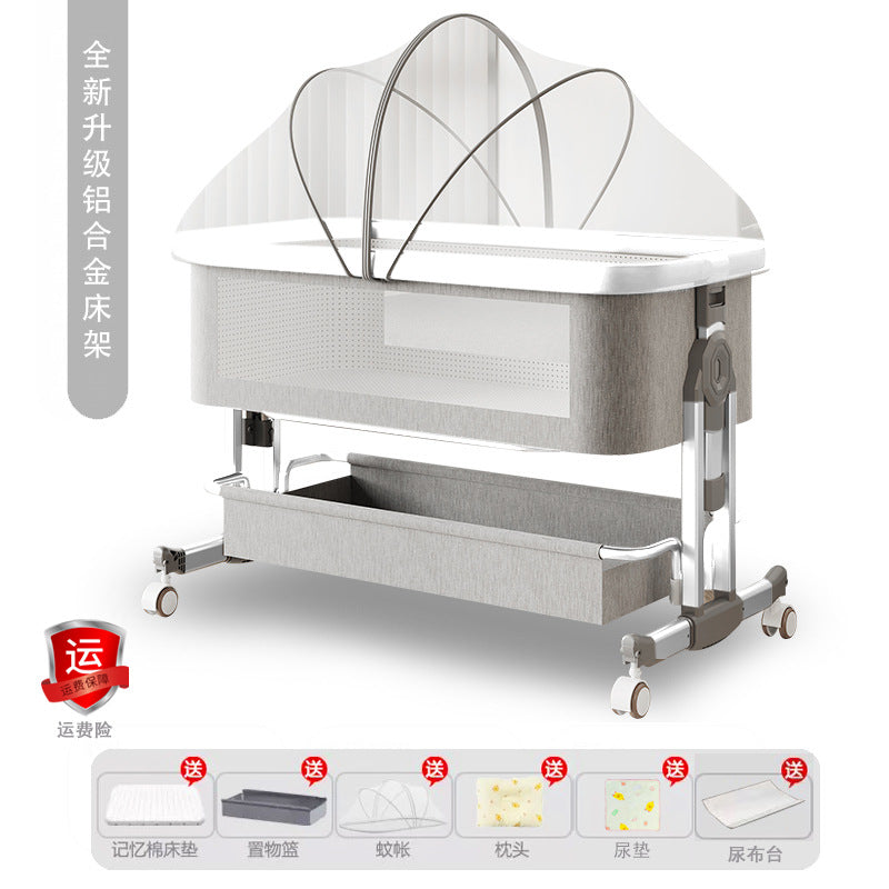 Aluminum alloy baby crib convertible to big bed, multifunctional portable folding children's bed, newborn baby bed with changing table
