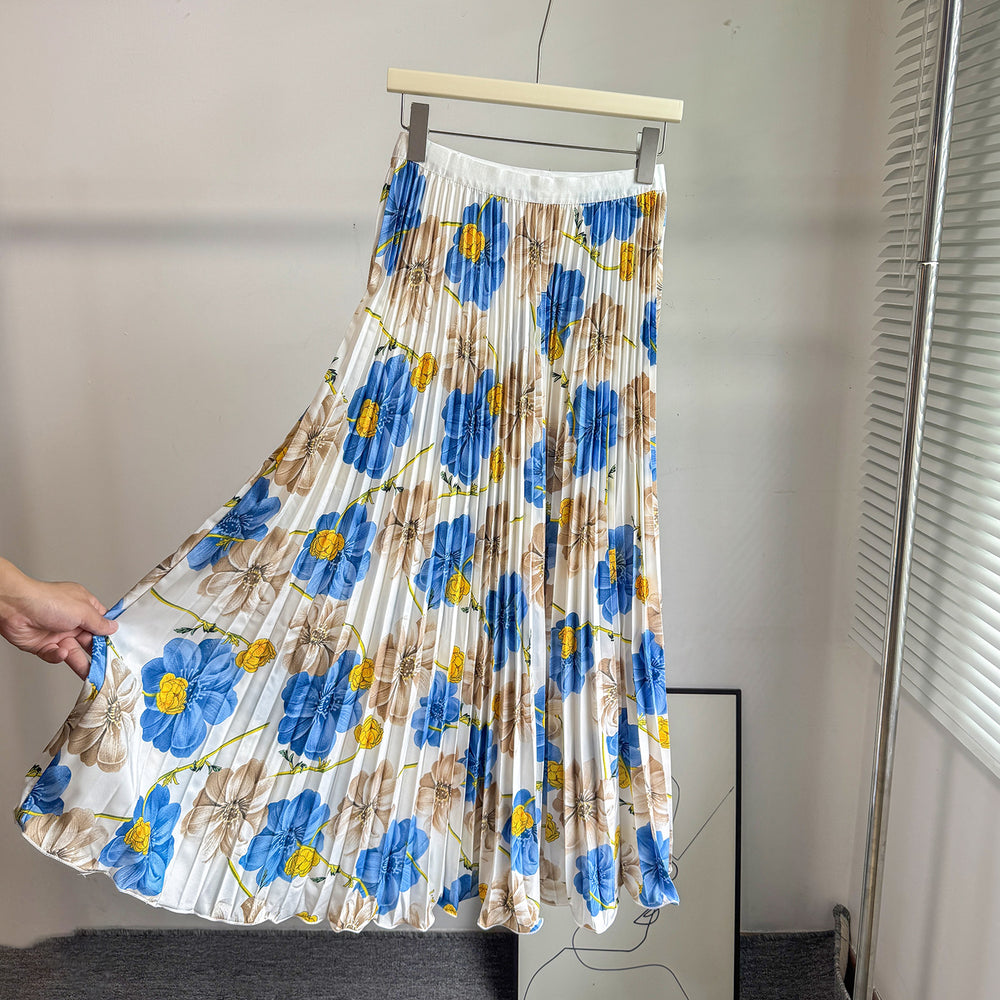 fashionretroprintingpleated elastic waist fashion skirt women's high waist a-line skirt work clothing long skirt summer