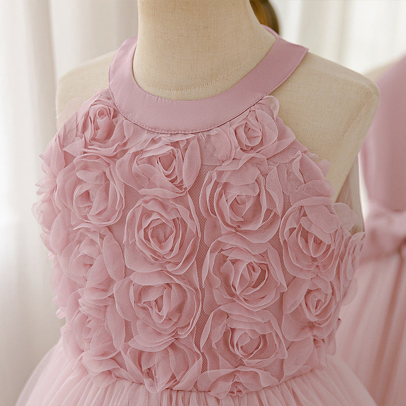 Girls' sleeveless halter dress with appliqué mesh overlay - sweet princess style for kids - perfect for export