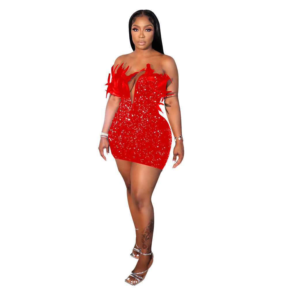 C7050 cross-border   independent station fashion women's sequin feather sleeveless mini dress