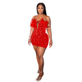 C7050 cross-border   independent station fashion women's sequin feather sleeveless mini dress