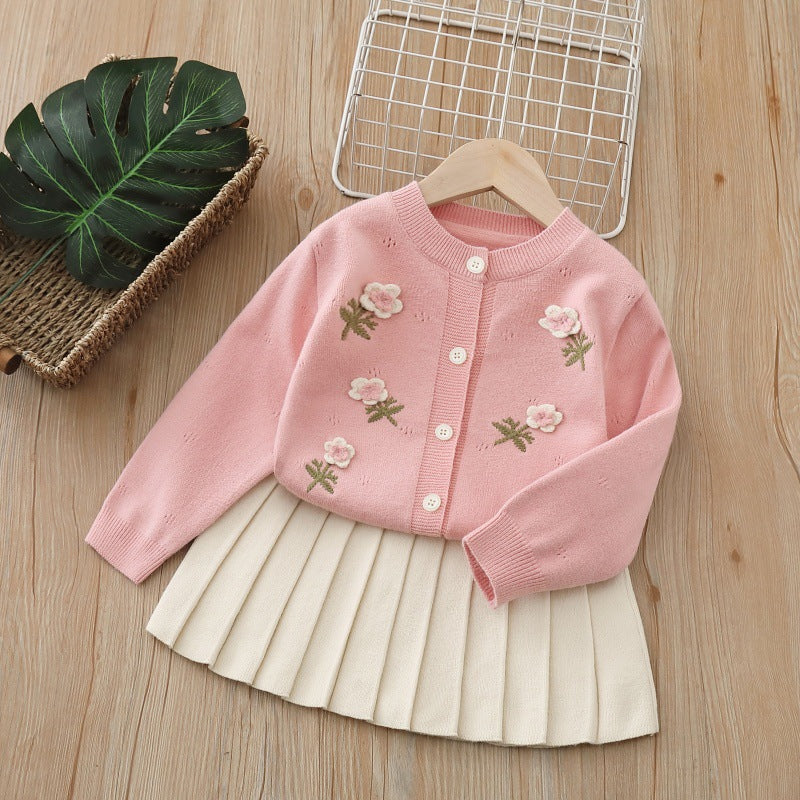 Girls' cardigan set - new autumn  collection: handmade floral knit sweater dress set for girls, kids' sweater outfit
