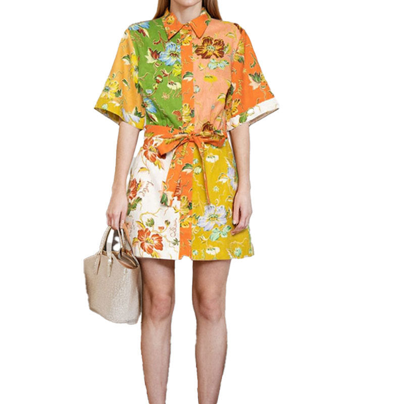 cross-border e-commerce european and american women's clothing: new summer collection - fashionable plant print, collared, tie-waist mini dress