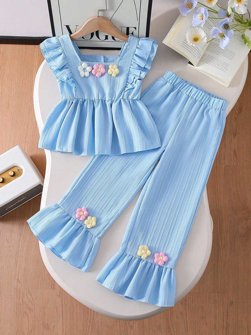 summer new arrival: sweet ruffle sleeve a-line top + flare pants two-piece set for cross-border e-commerce