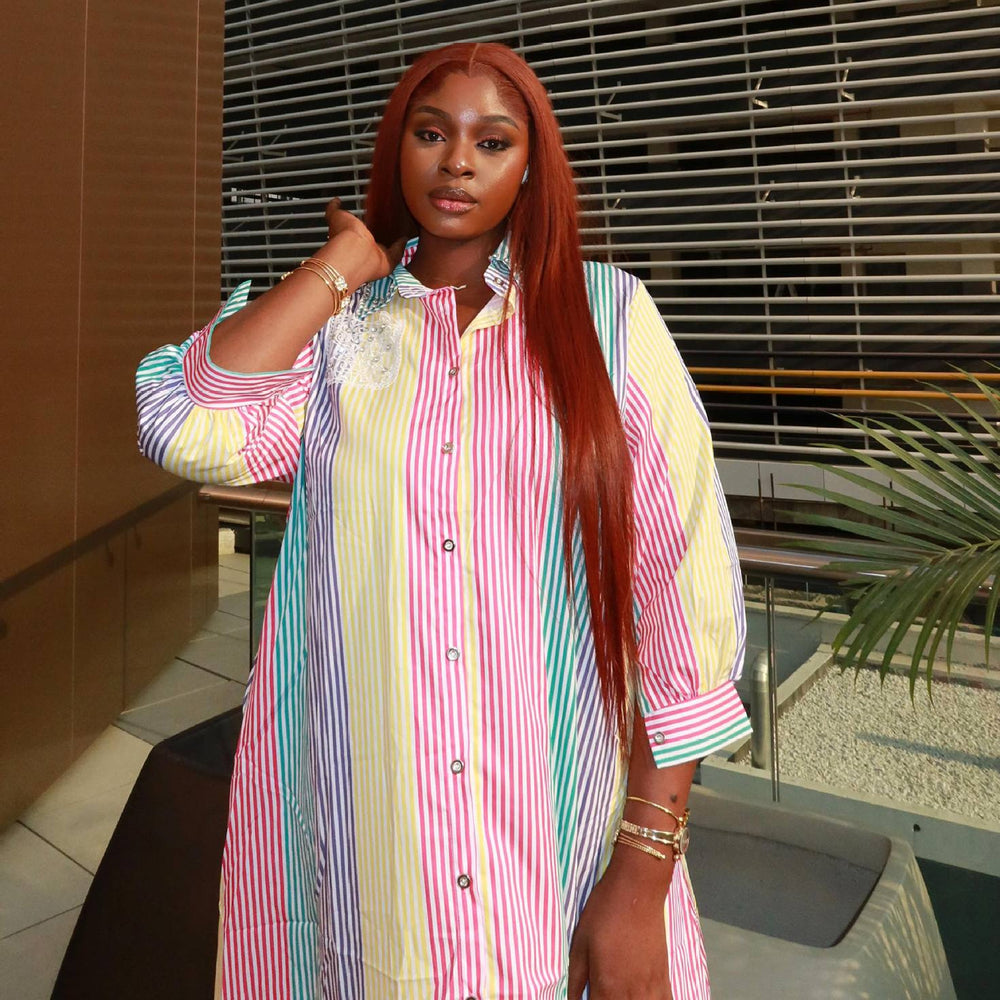 European and american cross-border african women's clothing  summer new fashion turn-down collar striped loose longline shirt dress