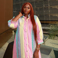 European and american cross-border african women's clothing  summer new fashion turn-down collar striped loose longline shirt dress