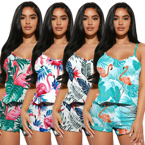 YD8740-B8 special products are non-refundable and non-exchangeable European and American women's clothing, fashionable and casual suspender printing two-piece set, cross