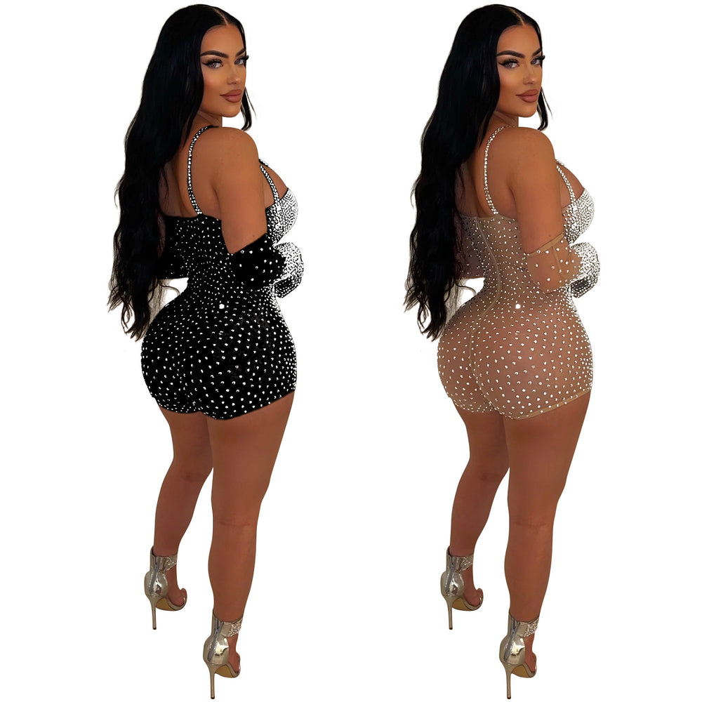 C6902 cross-border   fashion women's solid color mesh rhinestone see-through shorts jumpsuit