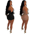 C6902 cross-border   fashion women's solid color mesh rhinestone see-through shorts jumpsuit
