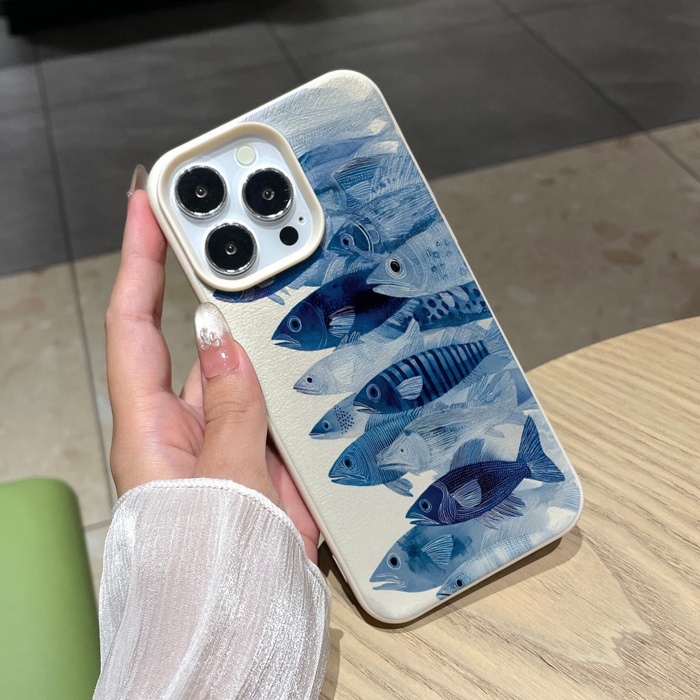 Azure blue fish school ocean style phone case for iphone 17 pro max, apple 16 full coverage drop-proof protective case, iphone 13 compatible