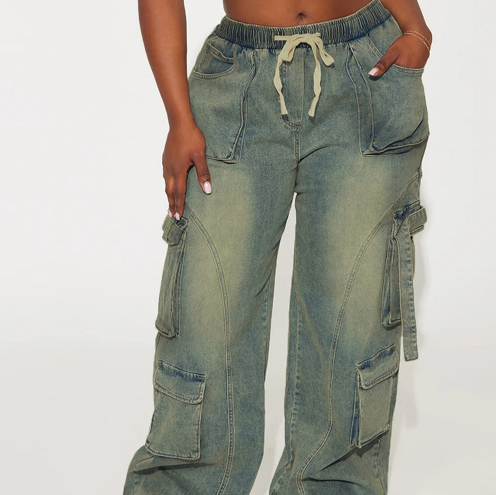 American retro distressed workwear wide-leg jeans - women's side pocket cargo pants with drawstring waist and loose fit