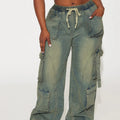 American retro distressed workwear wide-leg jeans - women's side pocket cargo pants with drawstring waist and loose fit