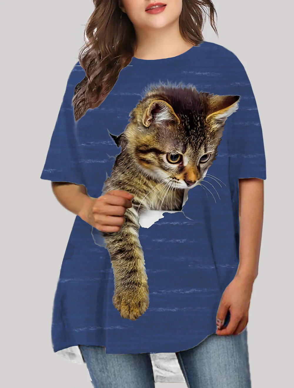 cross-border   plus size women's cute cat 3d digital print short sleeve loose crew neck t-shirt