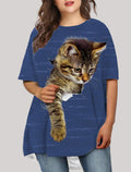 cross-border   plus size women's cute cat 3d digital print short sleeve loose crew neck t-shirt