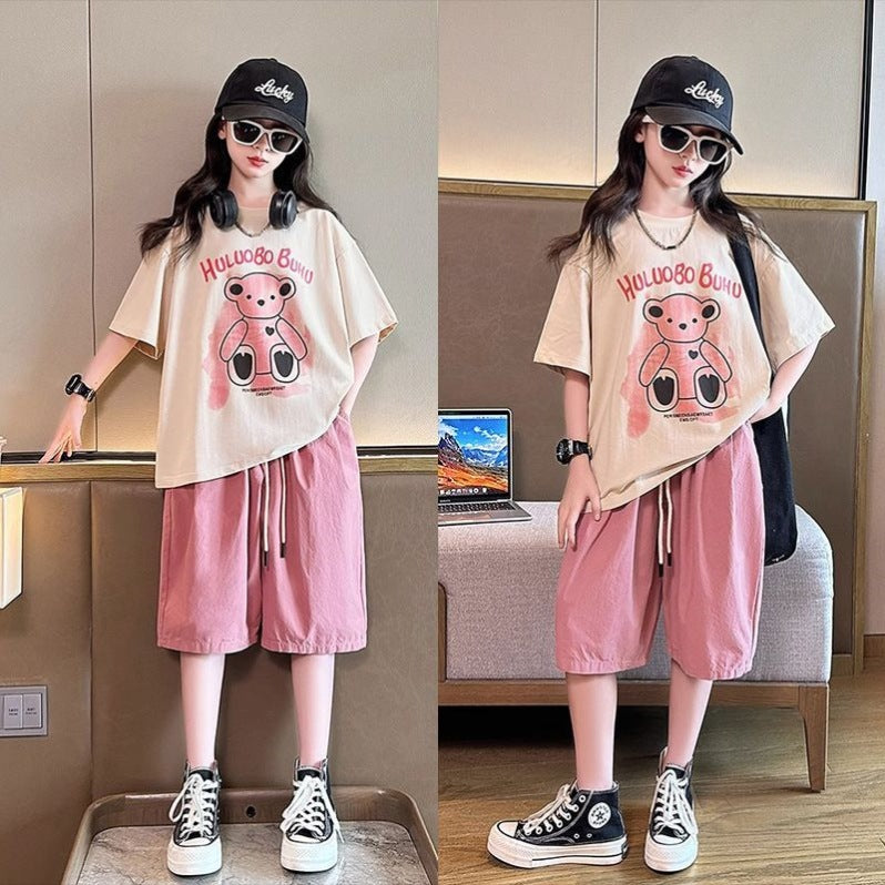 Girls' fashion set -  summer new arrival: stylish and trendy two-piece outfit for older girls and students - casual short-sleeve top and shorts set