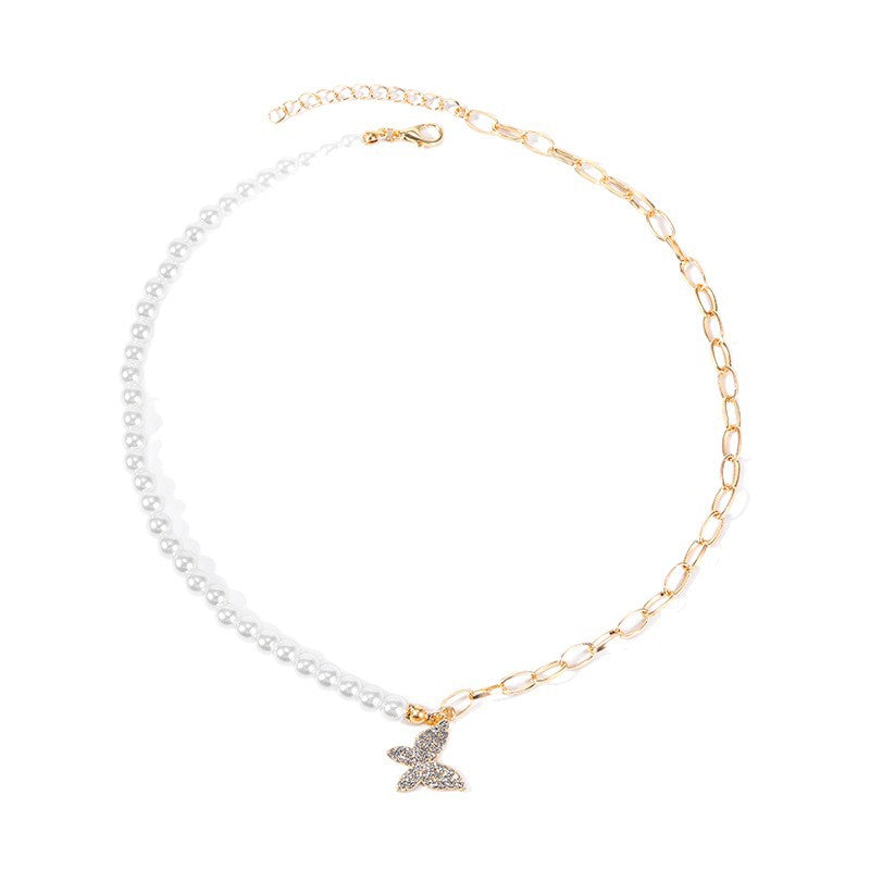 Wholesale korean-style necklace: trendy ins jewelry for autumn/winter. versatile, diamond-studded butterfly pearl sweater necklace with a chic, chanel-inspired design for women