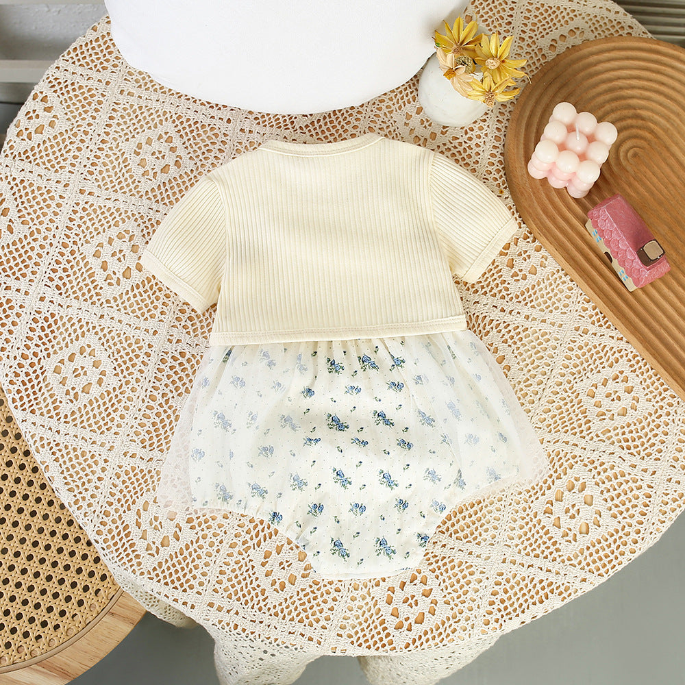 Baby girl summer floral patchwork romper with straps - sweet princess style infant outfit