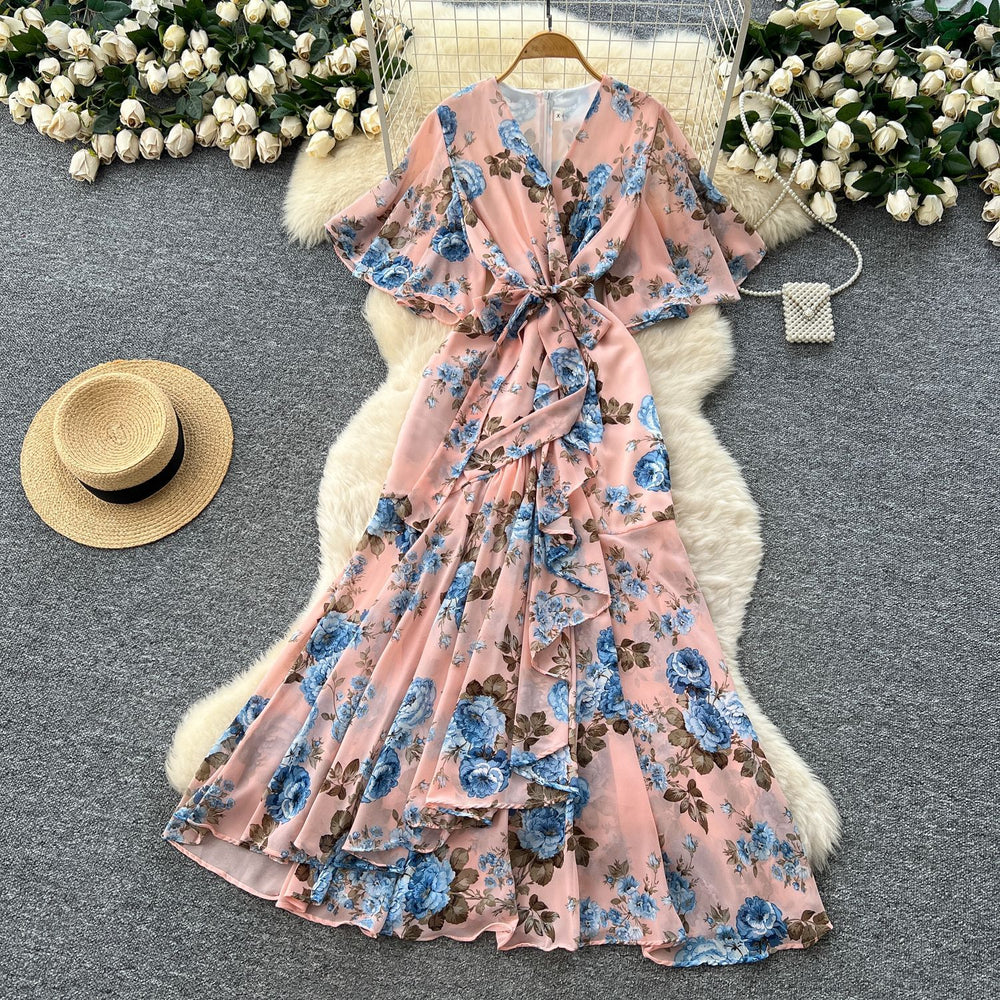 French chic high-end women's summer dress - elegant, figure-flattering, asymmetrical ruffle hem, floral chiffon maxi dress