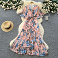 French chic high-end women's summer dress - elegant, figure-flattering, asymmetrical ruffle hem, floral chiffon maxi dress