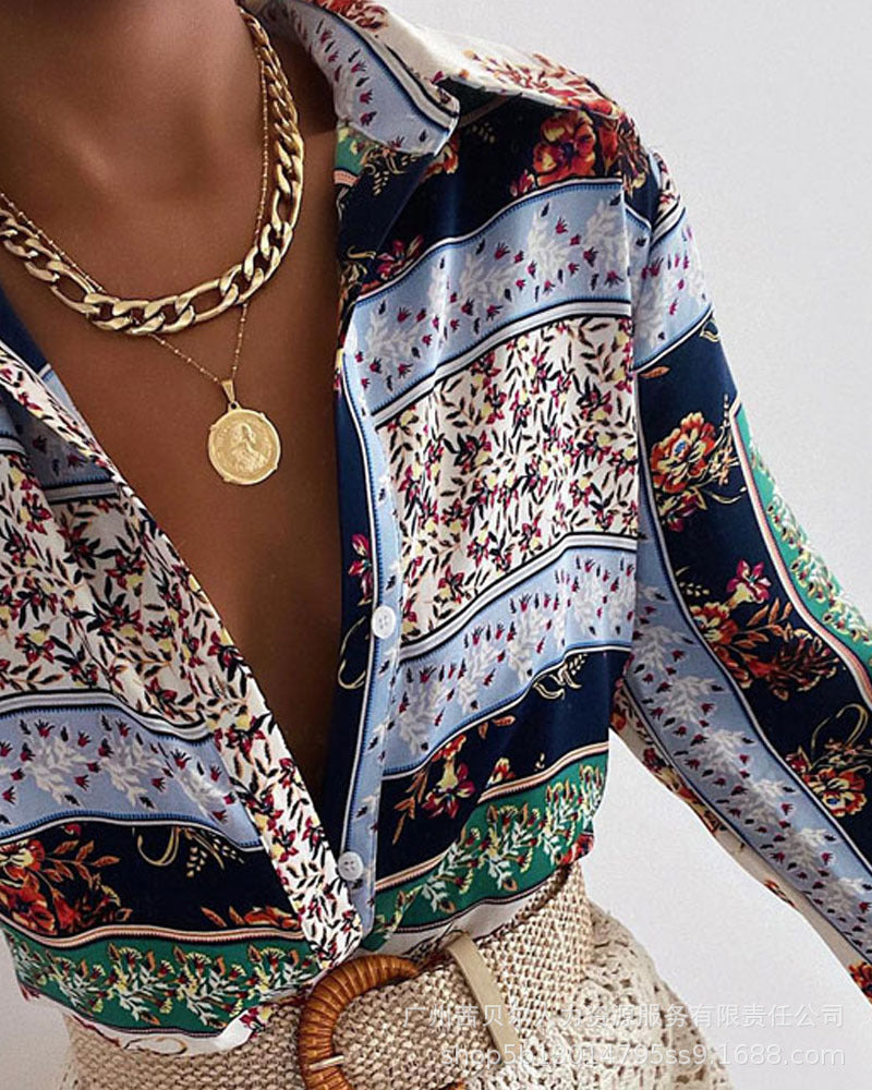 Spot  2022 European and American women's clothing color matching printed shirt shirt