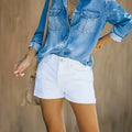 European and american style women's high-waisted denim shorts with rolled hems - stretchy, slim-fit, and versatile hot pants
