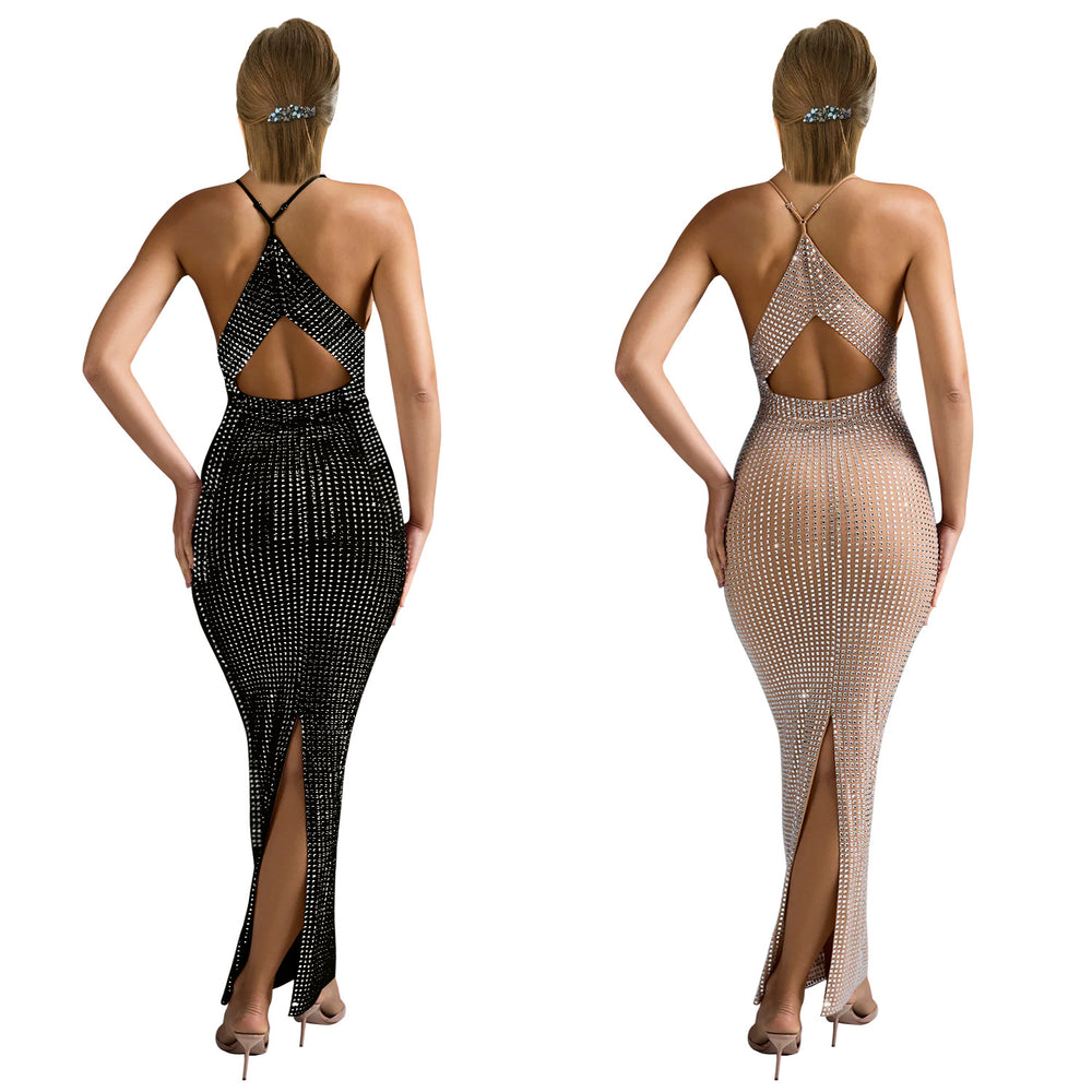 C6963 cross-border   independent station fashion women's v neck hot diamond sleeveless long skirt dress