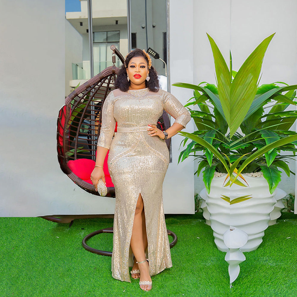 Aliexpress new year party evening dress african women's plus size cross-border fashion sequin rhinestone slit dress